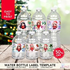 water bottle label templates for christmas with santa hats and snowflakes on them