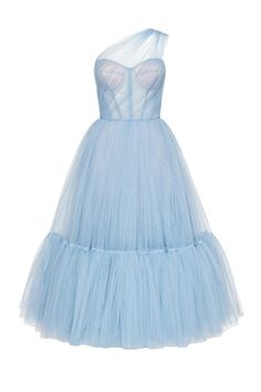 Blue One-Shoulder Cocktail Tulle Dress ➤➤ Milla Dresses Transparent Corset, Puffy Tulle Skirt, Organza Dresses, Split Prom Dresses, Skirt Details, Rose Peach, Corset Bustier, Misty Rose, Evening Dresses Short