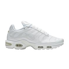 Find NIKE Air Max Plus Tn 'triple on Editorialist. The Nike Air Max Plus TN sneaker introduced Tuned Air units for enhanced stability and support. The ‘98 classic was reissued through the 2018 release of the Air Max Plus TN 'Triple White' sneaker. Dressed in all-white from top to bottom, the shoe swaps the silhouette’s mesh upper for a buttery leather one, embellished with wavy embroidery. Below, Tuned Air technology is utilized in targeted areas of the foot for premium cushioning. Classic Lace-up Sneakers With Air Cushioning, White Sole Custom Sneakers With Air Cushioning For Streetwear, White Sole Basketball Shoes With Air Cushioning For Streetwear, Nike Custom Sneakers With Air Cushioning For Jogging, Classic Sneakers With Air Cushioning, Classic Sneakers With Air Cushioning And Round Toe, Classic Low-top Custom Sneakers With Air Max Cushioning, Classic Lace-up Sneakers With Air Max Cushioning, Nike Low-top Sneakers With Air Cushioning