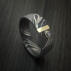 Damascus Steel with 14K Gold and Black Diamond Custom Made Men's Band | Revolution Jewelry Mokume Gane Ring, Damascus Ring, Damascus Steel Ring, Engagement And Wedding Rings, Premier Designs Jewelry, Custom Ring Designs, Domed Ring, Mens Band, Gold Polish