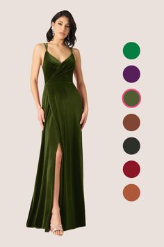 a woman in a long green dress standing next to color swatches and wearing sandals