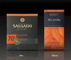 two boxes of chocolate sitting next to each other on top of a black surface with the words salgado written in spanish