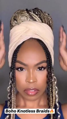 Boho Knotless Braids🔥 Braid With Scarf, Hair Scarf Tutorial, Headwrap Hairstyles, Boho Knotless Braids, Cabello Afro Natural, African Hair Wrap, Boho Knotless, Braided Scarf, Big Box Braids Hairstyles