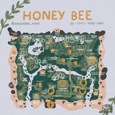 a map with the words honey bee on it and an image of a tree in the background