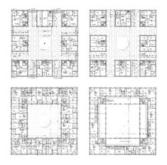 four drawings of the ground plan for an apartment complex