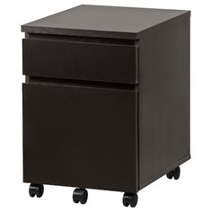 a black filing cabinet with wheels on it