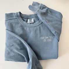 This comfort colors sweatshirt will not disappoint! These sweatshirts are a unisex fit and made from 80% cotton and 20% polyester. They come in the prettiest shades and will include your custom text or logo on the left chest. Please note that if you would like a logo embroidered, a one time $20 digitizing fee will apply to the order. Please see link below to add the digitizing fee to your order. If you need your logo digitized please add this link to your order: https://www.etsy.com/listing/1440567522/digitizing-fee?click_key=f4f5e4958bad7564eddce441eb706710d0d0a52f%3A1440567522&click_sum=1a121a5b&ga_search_query=digitizing&ref=shop_items_search_1&frs=1&crt=1&sts=1 Blue Crew Neck Sweatshirt With Embroidered Logo, Crew Sweatshirt With Embroidered Logo In French Terry, Crew Sweater With Embroidered Logo For Loungewear, Crew Neck Sweater With Embroidered Logo For Loungewear, Relaxed Fit Sweatshirt With Embroidered Logo Crew Neck, Blue Long Sleeve Sweatshirt With Embroidered Logo, Blue Soft-washed Crew Sweatshirt, Soft-washed Blue Crew Sweatshirt, Long Sleeve French Terry Sweatshirt With Embroidered Logo