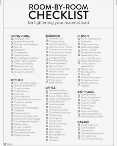 the room by room checklist for lightening your material load is shown in black and white