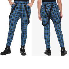 Nwt Hot Topic M Green Plaid Suspender Pants Trousers Punk Cosplay Academia Gothic New With Tags Looking To Make A Statement With Your Pants? This Blue And Green Plaid Pair Is The Ticket. They Feature A Tapered Leg, Four Pockets, And Detachable, Adjustable Suspenders. Pair With A Band Tee Or Crop Top And Your Look Is Complete. 65% Polyester; 33% Rayon; 2% Spandex See Pictures For Material And Approx Measurements (Inseam 27", Waist 14" * Product Color May Vary Slightly Due To Photographic Lighting Harajuku High Waist Bottoms For School, Harajuku High-waisted Bottoms For School, Harajuku High Waist Bottoms For Cosplay, High Waist Harajuku Bottoms For Cosplay, Fitted Punk Blue Bottoms, Punk High Waist Bottoms For Cosplay, High Waist Punk Bottoms For Cosplay, Harajuku Fitted Streetwear Bottoms, Alternative High Waist Bottoms For Cosplay