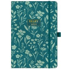 a blue and green floral notebook with the word diary on it