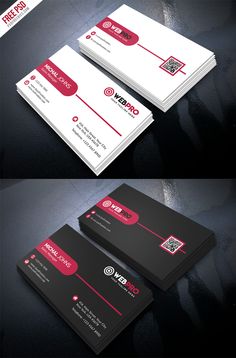 two different business cards with red and black accents on them, one is for a company