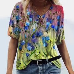 Watercolor Floral Short Sleeve Printed V-Neck T-Shirt Blouse New Without Tags. Color: Blue Multicolored Size: Large Casual Floral Print V-neck Top For Summer, Casual Summer V-neck Top With Floral Print, Bohemian Multicolor V-neck T-shirt, Casual V-neck Tank Top For Spring, Casual Short Sleeve V-neck Top With Floral Print, Casual Floral Print Short Sleeve V-neck Top, Relaxed Fit Multicolor V-neck Top, Blue V-neck T-shirt For Summer, Blue V-neck T-shirt For Spring