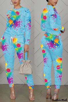 Olivia Mark - Chic Womens Blue Floral Patchwork Two-Piece Set with Elegant O-Neck and Long Sleeves Casual Blue Color Block Sets, Blue Long Sleeve Patchwork Sets, Blue Patchwork Sets With Long Sleeves, Blue Patchwork Long Sleeve Sets, Casual Multicolor Patchwork Sets, Casual Blue Patchwork Sets, Blue Patchwork Sets For Spring, Spring Multicolor Color Block Sets, Red Fashion