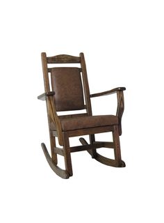 a wooden rocking chair with brown leather upholstered on the seat and backrest