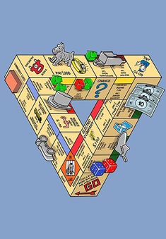 a drawing of a board game with many items in the shape of a triangular triangle