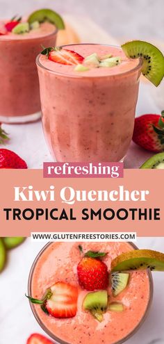 two smoothie glasses decorated with kiwis and strawberries Smoothie Recipes Kiwi, Kiwi Smoothie Recipes, Strawberry Kiwi Smoothie, Watermelon Smoothie Recipes, Tropical Smoothie Recipes, Watermelon Smoothie, Healthy Fruit Smoothies, Kiwi Smoothie