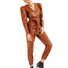 Black Faux Leather Jumpsuit, With Front Pockets, Zip-Up Detail And Matching Belt To Tie At Waist. Nice Thick Faux Leather But Still Breathable Never Wornnew With Tags!! Inseam 26 Brown Jumpsuits And Rompers For Fall, Trendy Belted Jumpsuits And Rompers For Fall, Trendy Belted Jumpsuit For Fall, Fitted Faux Leather Jumpsuits And Rompers For Fall, Fitted Faux Leather Jumpsuits For Fall, Trendy Brown Jumpsuits And Rompers For Work, Brown Jumpsuit For Fall Party, Leather Jumpsuits And Rompers For Fall, Trendy Jumpsuits And Rompers For Night Out In Fall