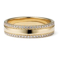 an 18k yellow gold wedding band with round brilliant cut diamonds set in the center