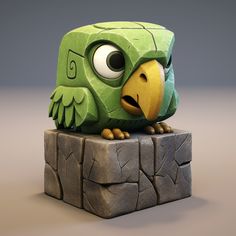 a green bird sitting on top of a piece of wood next to a stone wall