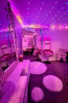 a room with purple lights and decorations on the walls, carpeted in fluffy white pom - poms