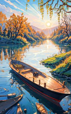 a painting of a boat on the water with trees in the background and sun shining