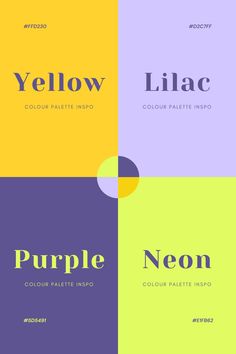 four different colors with the words purple and yellow in each color scheme, all on one side