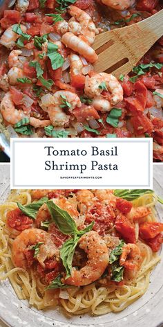 some shrimp and tomato sauce in a pan with the words tomato basil shrimp pasta on top