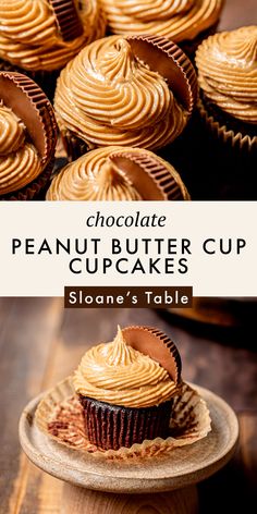 chocolate peanut butter cupcakes on a plate with the title overlay reads, chocolate peanut butter cupcakes sloan's table