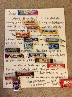 a birthday card with candy bars on it, and the words happy birthday written in cursive writing