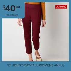 These St. John's Bay women's tall pull-on ankle pants are a versatile staple to add to your wardrobe. They're made from a stretchy sateen cotton-blend for a skinny-fit and feature a flat front, an elastic-waist, two front faux pockets, and two back faux pockets. Wear them with a tee or button-down.Front Style: Flat FrontFeatures: EssentialsClosure Type: Full ElasticConcerns: Tummy SolutionsFit: Skinny FitPockets: 2 Back Slip Pockets, 2 Front Slip PocketsRise: At WaistFiber Content: 65% Cotton, … Tall Pants, Petite Pants, Pull On Pants, Ankle Pants, Wardrobe Essentials, Stretch Fabric, Elastic Waist, Cotton Blend, Wardrobe