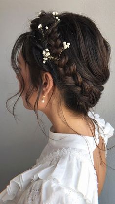 50 Best Updo Hairstyles For Trendy Looks in 2022 : Braided Updo with Loose Curls + Flowers Hairstyle Photography, Low Updo Wedding Hair Braid, Unique Prom Hairstyles Updo, Bridal Updo Flowers, Bun With Flowers Hairstyle, Low Bun With Flowers, Updo With Flowers, Fantasy Updo, Flower Crown Updo