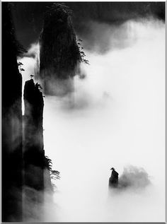 a black and white photo of fog in the air with trees growing out of it