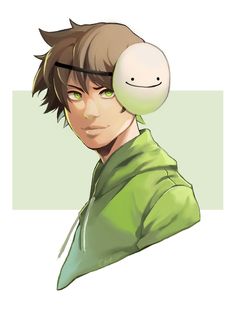 an anime character with a green shirt and headphones in his ears, looking at the camera