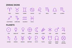 zodiac signs are shown in purple on a pink background