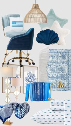 blue and white bedroom decor with gold accents, including a desk lamp, chair, bedding