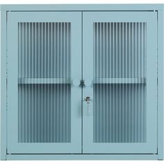 two blue doors with vertical blinds on each side and a keyhole in the middle