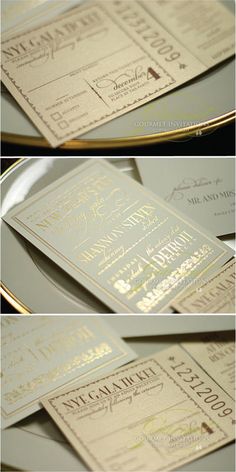 three photos of wedding cards with gold foil