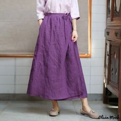 Olivia Mark - Stylish High-Waisted Cotton Linen Midi Skirt with Waist Belt Fitted Wrap Skirt With Pockets For Spring, Spring Fitted Wrap Skirt With Pockets, Fitted Spring Wrap Skirt With Pockets, Full Length Solid Color Spring Skirt, Spring Full Length Solid Color Skirt, Casual High Waist Wrap Skirt For Work, Casual Plain Skirt, High Waist Purple Lined Skirt, Casual High Waist Lined Wrap Skirt