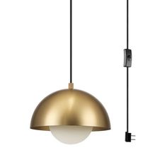 a gold and white light hanging from a black cord on a wall mounted fixture with two lights attached to it