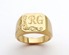 "This is a meaningful personalized monogram ring for men. It is luxurious, bold - and full of presence. This engraved initial ring can pass from one generation to the next, and create a beautiful and exciting family tradition. Get this impressive personalized signet ring to wear proudly and enjoy every day for many years! ✿ Item details ✿ ✿ Materials: - 14k//18k Yellow//Rose//White Gold (per your choice) ✿ Measurements: - Front width: 11 mm (0.43\")  - Back width: - 3.6 mm (0.14\") - Ring's thic 14k Gold Signet Ring, Engraved Initials, Mens Gold Jewelry, Monogram Ring, Gold Signet Ring, Family Tradition, Gold Engraving, Initial Ring, Ring For Men