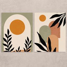 two paintings with plants and an egg on the top one is green, orange and white