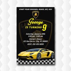 a yellow sports car birthday party flyer