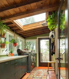 a kitchen with lots of potted plants on the counter and an open door leading to another room