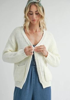 Bohemian open knit white sweater cardigan at Ruby Jane & valleygirl boutique. Colorado Outfits, Ruby Jane, Button Down Cardigan, Cozy Knit Sweater, Flowy Pants, Chunky Knit Cardigan, Romper Dress, Cozy Knits, New Wardrobe