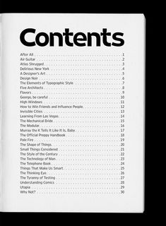 the contents of a book are shown in black and white, with text that reads contents