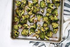 cooked broccoli florets on a baking sheet ready to go into the oven