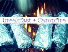 some food is cooking on a grill with the words breakfast and campfire below it