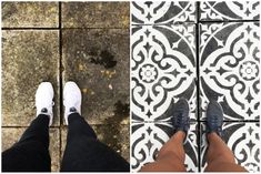 two photos side by side, one with white shoes and the other with black pants