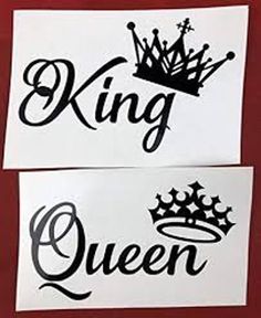 two black and white stickers with the words king and queen written in cursive font