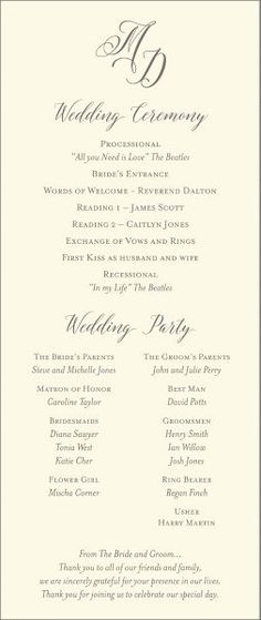 the wedding program is shown in black and white